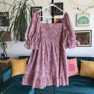 ELOQUII Elements size 18 Pink Black & Orange Print Smocked Puff Sleeve Dress NWT